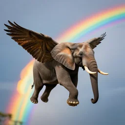 an elephant flying with wings through a rainbow, realistic, hyper detailed 8 k
