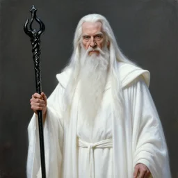 medium camera shot of evil morgan freeman as evil wizard saurman the white, long white hair and white beard, beautiful pure white warlock flowing robes, long black wizard staff by alan lee, lord of the rings, smooth, oil painting, matte painting, concept art, trending on artstation, promotional artwork, film still, elegant, photorealistic facial features, intricate, detailed face, cinematic lighting