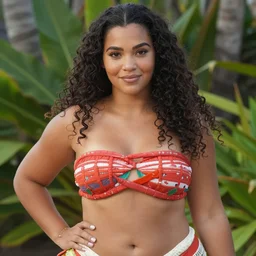 moana goddess of affection, hyper - feminine, pronounced feminine features, attractive, beautiful, pronounced waist, curvy, realistic beautiful, wide hips, pronounced chest, natural lighting, 4 k, photography, photorealistic, by gil elvgren, by ekman, by runci, by frham