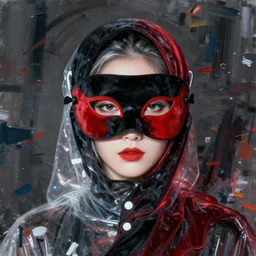 portrait, all dressed in transparent colors, beautiful face and eyes, black and red mask on her face, black and red velvet fabric, highly detailed, white accents, cel shaded, cinematic shot, trending on artstation, high quality, detailed and chaotic background, brush strokes all over, by tom bagshaw and jama jurabaev