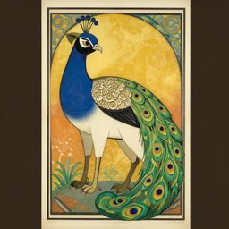 vintage art deco animal poster depicting a half cat half peacock hybrid, by bridget riley