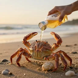 photo of a crab drinking a beer at the beach, golden hour, Breathtaking, 8k resolution, extremely detailed, beautiful, establishing shot, artistic