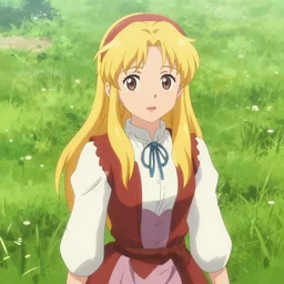 young blonde pioneer girl in a meadow, full portrait, anime style