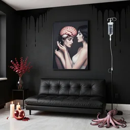 apartment with black walls and a futon, black dripping paint, ikebana, a sensual portrait of a female pathologist holding a brain, intravenous drip, pomegranate, candles, octopus, organic, sensual, pancakes, berries, surgical supplies, scientific glassware, candles, berry juice drips, neo - expressionism, surrealism, acrylic and spray paint and oilstick on canvas