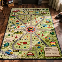an elaborate kids road map carpet rug, detailed, penned illustrations, by wes anderson and geoff darrow!!!!!