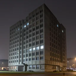 headquarters of a corporation, in bauhaus style,brutalism, concrete, night time, foggy , hyperrealism, no blur, 4k resolution, ultra detailed, style of John Berkey, Norman Rockwell, Hans Thoma, Ivan Shishkin, Tyler Edlin, Thomas Kinkade