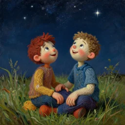 low angle shot of a smiling boy made of yarn sitting in high grass looking up at the stars at night, beads for eyes, looking up at the stars, looking up, hyperrealistic, classical oil painting, highly detailed, digital illustration, concept art, smooth, sharp focus, art by tim hildebrandt, and greg hildebrandt