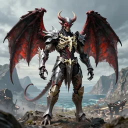 am a naranbaatar ganbold, jean giraud, artgerm, devil in armor made of iron and dragon bones, with hellish devil wings, height detailed body elements, against the background of mountains, ocean, battlefield