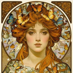 realistic detailed face portrait of young beautiful fairy tale Queen Marie Antoinette with a halo of butterflies by Alphonse Mucha, Ayami Kojima, Yoshitaka Amano, Charlie Bowater, Karol Bak, Greg Hildebrandt, Jean Delville, and Mark Brooks, Art Nouveau, Pre-Raphaelite, Neo-Gothic, gothic, Art Nouveau, intricate fine details, whimsical, exquisite, rich deep moody colors
