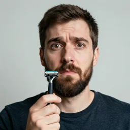 a man with a beard is afraid of the razor. fear is visible on his face