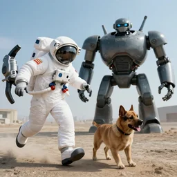 astronaut running away from a giant robot dog
