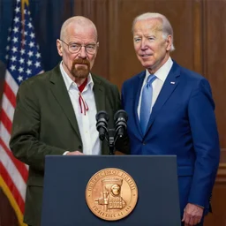 Walter White is awarded the Presidential Medal of Freedom by Joe Biden in Breaking Bad, photorealistic painting, hyper realism, high detail