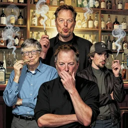A beautiful, stunning, extremely detailed comic book illustration by John Higgins showing Elon Musk, Bill Gates, Steve Wozniak, Steve Jobs and Jay and Silent Bob smoking a cross-shaped joint behind a liquor store, smoke in the air, Steve Jobs coughing