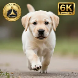 highly detailed photo of cute running labrador puppy towards camera, photo taken with zoom lens, award winning photo, hyper realistic, concept art, 8 k detail post - processing