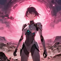 Girl mecha pilot from the original anime Kyoukai Senki by Makoto Shinkai, character design by Greg Rutkowski, Key Visual, PV, dramatic wide angle shot of the wasteland, by Studio Trigger, vibrant neon pink