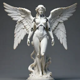 a bloody statue made of white marble, of an gorgeous futuristic cybernetic angel girl, prostheses, transhumanism, full body shot, perfect symmetrical body, perfect symmetrical face, hyper realistic, hyper detailed, by johannen voss, by michelangelo, octane render, blender, 8 k