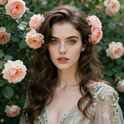beautiful woman in the middle of a lush garden with roses in her hair and an intricate gown, highly detailed, close - up portrait, artstation, art by artgerm and greg rutkowski,