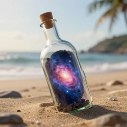 the universe inside of a bottle on the beach, octane render, hyper detailed, cinematic composition, cinematic