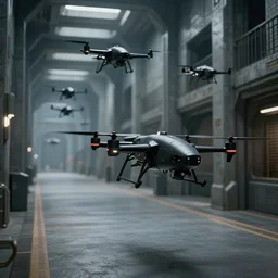 Black military quadcopters swarm, in the wide hallways in a futuristic prison underground, brutalist liminal architecture, sigma 85mm f/1.4, 4k, depth of field, high resolution, 4k, 8k, hd, full color, octane render, 3d render, unreal engine, concept art, trending on artstation