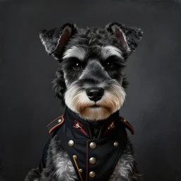 portrait of stoic looking miniature schnauzer, military uniform, black fir, white eyebrows, fantasy, intricate, elegant, highly detailed, centered, dark, smokey, charcoal painting, digital painting, artstation, concept art, smooth, sharp focus, illustration, art by artgerm