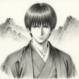 demon samurai warrior , short hair, made by Yusuke Murata, Tomohiro Shimoguchi, Takeshi Obata, Tite Kubo, ArtStation, CGSociety, direct gaze, beautiful face, mountains in the background, perfect composition, pencil art on paper