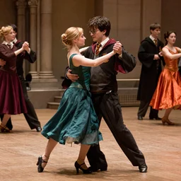 Katniss Everdeen and Harry Potter ballroom dancing, candid photography by Annie Leibovitz