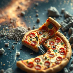 a universe made of a giant pizza, tiny human living in side of it, tiny cute construction, hyper realistic, tilt - shift, 8 k