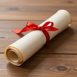 a rolled up papyrus scroll with a red ribbon wrapped around the center, sitting on a wooden table. highly detailed, high res, 8 k, photorealistic