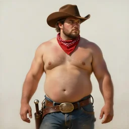 a dramatic, epic, ethereal painting of a handsome thicc shirtless cowboy with a beer belly wearing a large belt and bandana. background is a late night campfire with food and jugs of whisky. homoerotic. fire, flames, stars, tarot card, art deco, art nouveau, mosaic, intricate. by Mark Maggiori. trending on artstation
