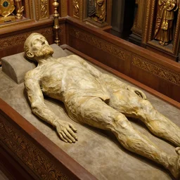 the enshrined remains of st. valerius, mummified corpse, saint, detailled, heavyly ornamented, national geography