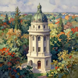 neoclassical tower with dome on the forest. intricate, centered, amazing composition, colorful watercolor, by ruan jia, by maxfield parrish, by marc simonetti, by hikari shimoda, by robert hubert, by zhang kechun, illustration