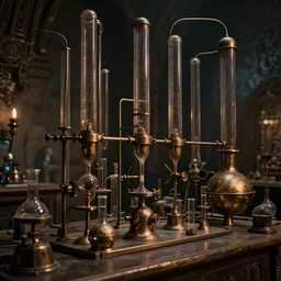 dark wizards laboratory, ancient midevil, many tubes connecting many beakers, bronze steril feeling, realistic cinematic lighting, establishing action shot, ultra detailed, hyper realism, photo, octane render, 4k