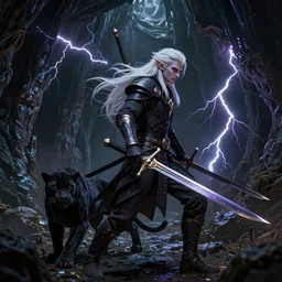 a highly detailed matte portrait of a drow elf with long white hair and purple eyes carrying two scimitars and stalking through a cavern, panther companion, male, drizzt do'urden, underdark, d & d, fantasy, viewed in profile from far away, crackling black lightning, ultrawide lens, art by john collier and albert aublet and krenz cushart and artem demura and alphonse mucha, volumetric lighting, octane render, 4 k resolution, trending on artstation, masterpiece