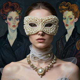 a futuristic woman portrait covered by mask made of wires and pearl, necklace made by wires and gauzes twisted around neck, design by leonardo davinci, inspired by egon schiele, balenciaga, modern art, baroque art jewelry, new classic, fashion design, photorealistic, hyper realistic, cinematic composition, cinematic lighting, fashion design, concept art, hdri, 8 k -