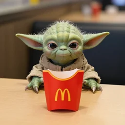 yoda, yoda sitting behind a table inside mcdonald's, small red cardboard box on table, yellow m logo on box, annoyed, disgruntled, 3 5 mm, f / 2. 8
