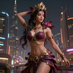 Beautiful 3d render of the flower queen goddess in a sensual pose, with the third eye on her forehead, atmospheric lighting, painted, intricate, volumetric lighting, beautiful, rich deep colours masterpiece, sharp focus, ultra detailed, in the style of Dan Mumford and marc simonetti, with a crowded futuristic cyberpunk dubai city in the background, astrophotgraphy