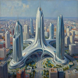 futuristic city by zaha hadid,, intricate, highly detailed, 8 k. palette knife oil painting on canvas by leonid afremov.
