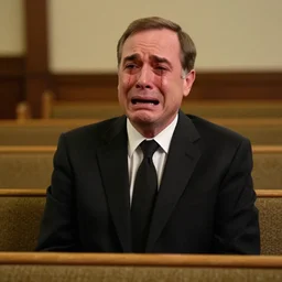 2 0 0 7 john lasseter wearing a black suit, and [ [ [ black necktie ] ] ], sitting in church pew. his eyes are full of tears, emotional, looks sad, mouth open crying