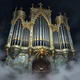 illustration of close low angle view of an ornate obsidian gothic pipe organ with gold spidery embellishments, night, smoke, ground fog, by peter mohrbacher, by frank frazetta, by alex andreev, by vincent di fate, large depth of field, super detailed, digital art, trending on artstation, ornate