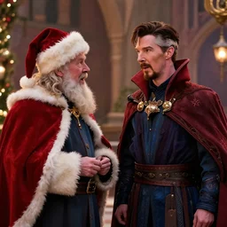 film still of dr strange played by benedict cumberbatch visiting santa in the new dr strange christmas movie, 4 k