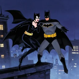batman the animated series, bruce timm, batman chasing catwoman on rooftop at night