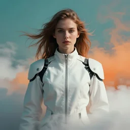symmetry!!! closeup portrait! of a cyborg racer girl, fashion white jumpsuit, shoulder pads, in clouds, cinematic light, windy, teal orange, volumetric smoke, by gerald brom, by mikhail vrubel, by peter elson, muted colors, extreme detail, trending on artstation, 8 k