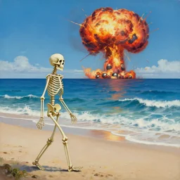 a skeleton walking on a beach next to the ocean with nuclear bomb explosion in the background, a surrealist painting by Storm Thorgerson, featured on cg society, matte painting, naturalism, chillwave, anatomically correct
