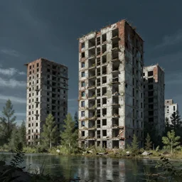 a beautiful hyperdetailed illustration of building urbex abandoned city architecture home exterior unfinished building by denis sarazhin, lake wilderness tron nightsky, archdaily, wallpaper, highly detailed, trending on artstation.