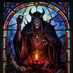 Evil sorcerer using blood magics, stained glass art