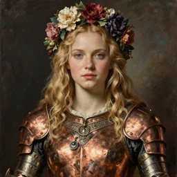 beautiful rugged liv tyler, blonde hair, wearing copper armour, ornate flowers wreath, portrait, oil painting by titian, hard focus, masterpiece