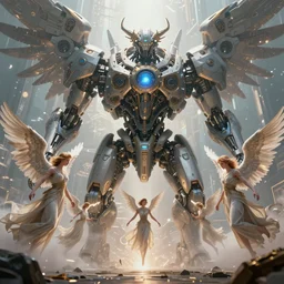 Angels in a war against a collosal futuristic machine,  realistic 4k octane beautifully detailed render, 4k post-processing, highly detailed, intricate complexity, epic composition, magical atmosphere, cinematic lighting, masterpiece, ultra hd