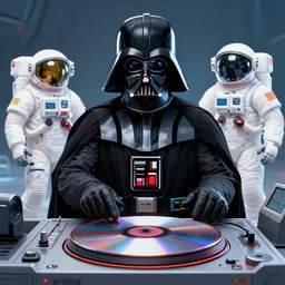 the most amazing dream of disc jockey, darth vader science fiction astronauts, syd mead, dan mumford, moebius, hd, vibrant color, high contrast, digital illustration