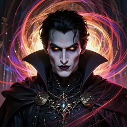 full face epic portrait, victorian gothic vampire lord glowing eyes, elden ring, matte painting concept art, midjourney, beautifully backlit, swirly vibrant color lines, majestic, cinematic aesthetic octane render, 8 k hd resolution, by ilya kuvshinov, artgerm, darius zawadzki and zdizslaw beksinski