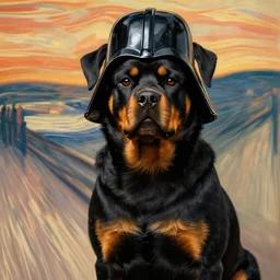 rottweiler as darth vader, very sharp, detailed, high quality, by edvard munch, artgerm